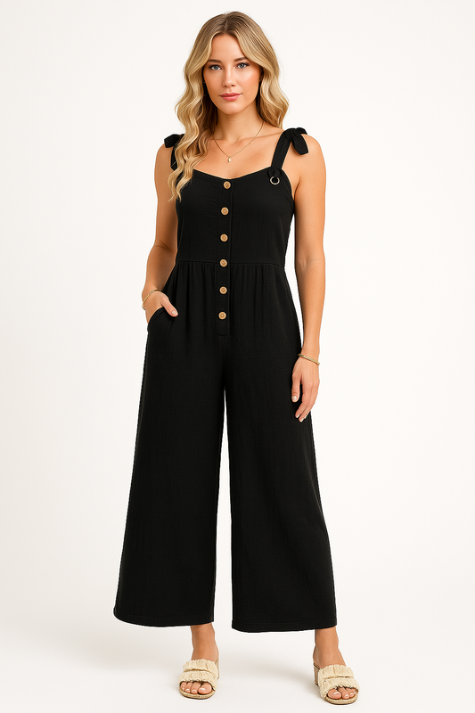 Women’s Jumpsuit – Cotton Blend – Relaxed Fit – Wide Leg – Button Front – Tie Straps