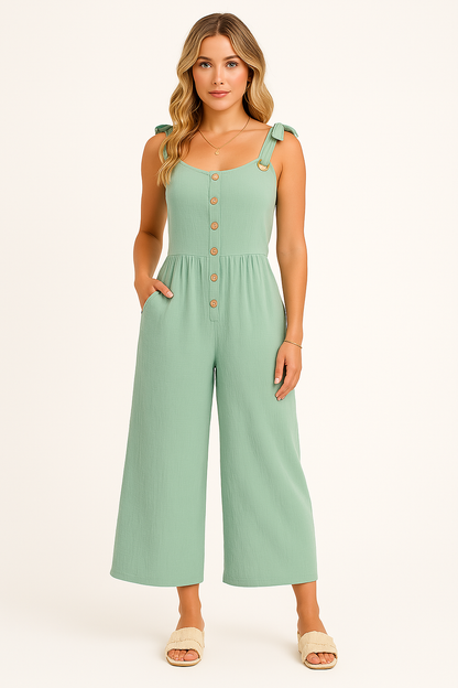 Women’s Jumpsuit – Cotton Blend – Relaxed Fit – Wide Leg – Button Front – Tie Straps