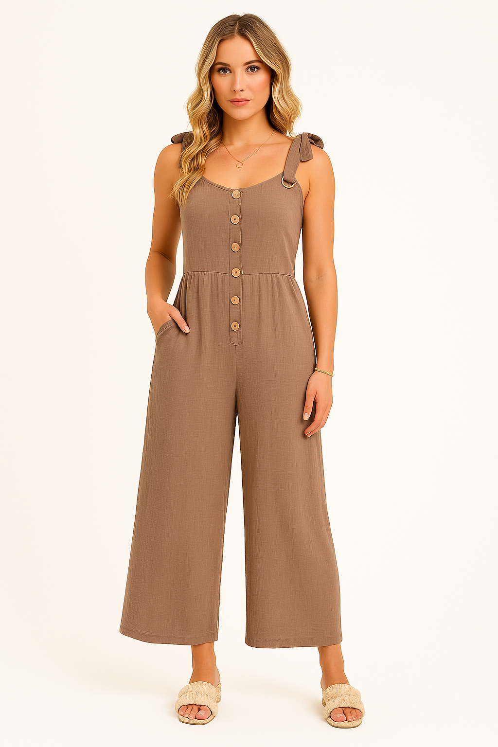 Women’s Jumpsuit – Cotton Blend – Relaxed Fit – Wide Leg – Button Front – Tie Straps