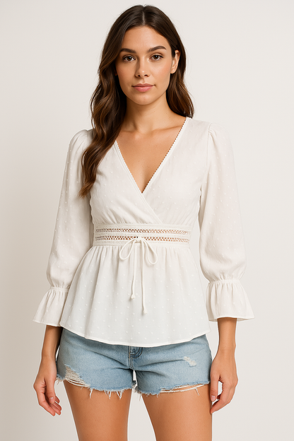 Women’s V-Neck Top – Relaxed Fit – Tie Waist – Puff Sleeves – Lace Trim – Cotton Feel