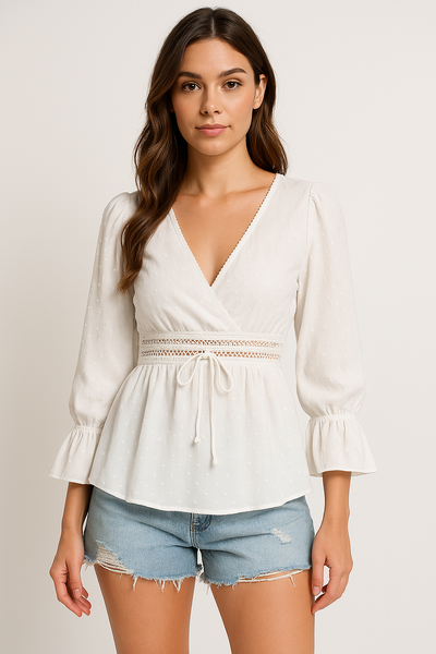 Women’s V-Neck Top – Relaxed Fit – Tie Waist – Puff Sleeves – Lace Trim – Cotton Feel