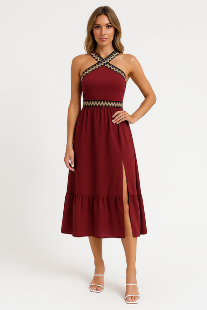Women’s Halter Dress – Satin Feel – Criss-Cross Neckline – High Slit – Midi Length