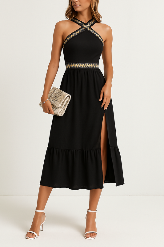 Women’s Halter Dress – Satin Feel – Criss-Cross Neckline – High Slit – Midi Length