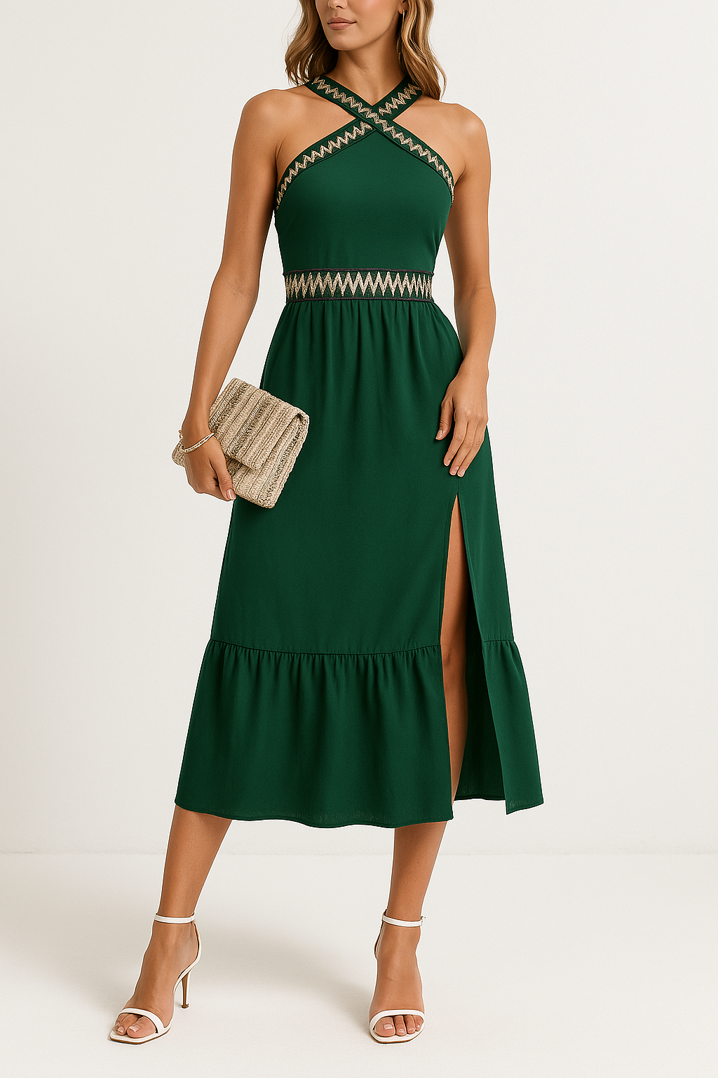 Women’s Halter Dress – Satin Feel – Criss-Cross Neckline – High Slit – Midi Length