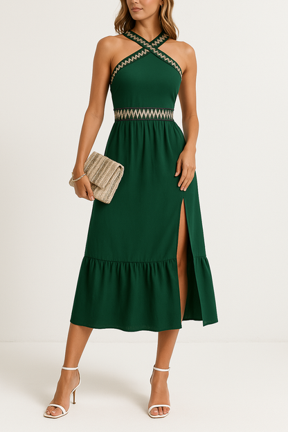 Women’s Halter Dress – Satin Feel – Criss-Cross Neckline – High Slit – Midi Length
