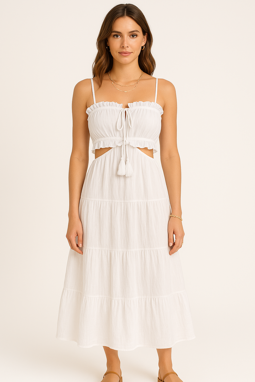 Women’s Sundress – Maxi Fit – Cotton-Linen – Spaghetti Straps – Boho Tiered Design