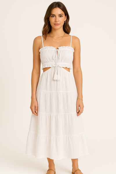 Women’s Sundress – Maxi Fit – Cotton-Linen – Spaghetti Straps – Boho Tiered Design