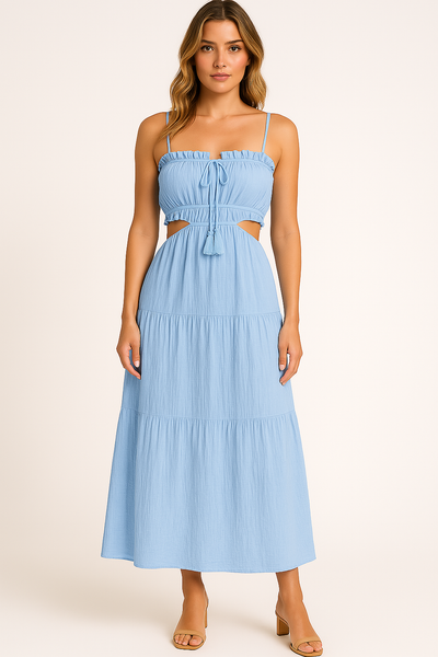 Women’s Sundress – Maxi Fit – Cotton-Linen – Spaghetti Straps – Boho Tiered Design