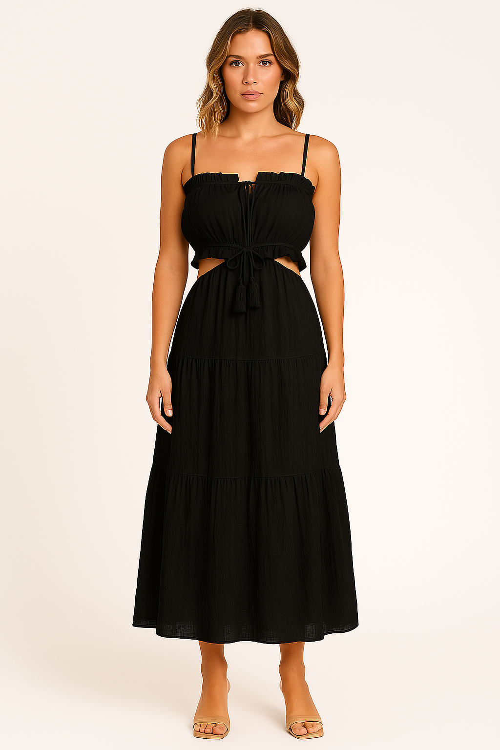 Women’s Sundress – Maxi Fit – Cotton-Linen – Spaghetti Straps – Boho Tiered Design