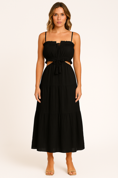 Women’s Sundress – Maxi Fit – Cotton-Linen – Spaghetti Straps – Boho Tiered Design