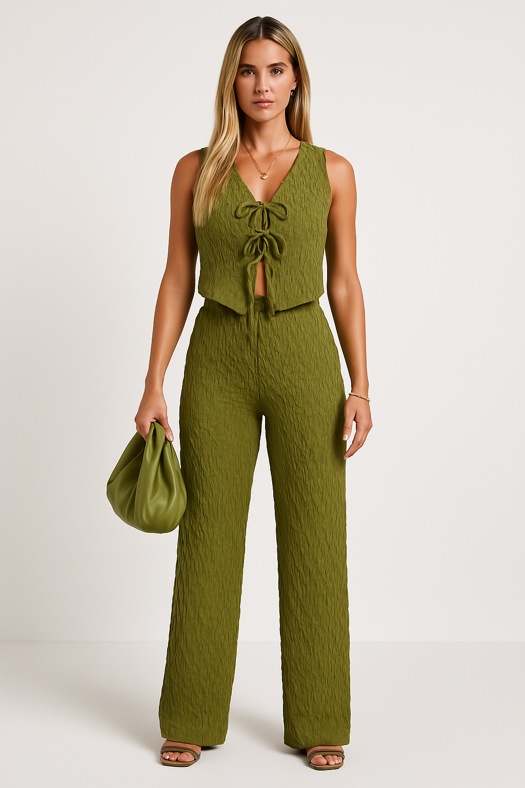 Women’s Sleeveless Top and Pants Set – Crinkled Texture – V-Neck Tie Front – Relaxed Fit