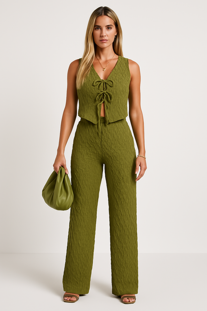 Women’s Sleeveless Top and Pants Set – Crinkled Texture – V-Neck Tie Front – Relaxed Fit