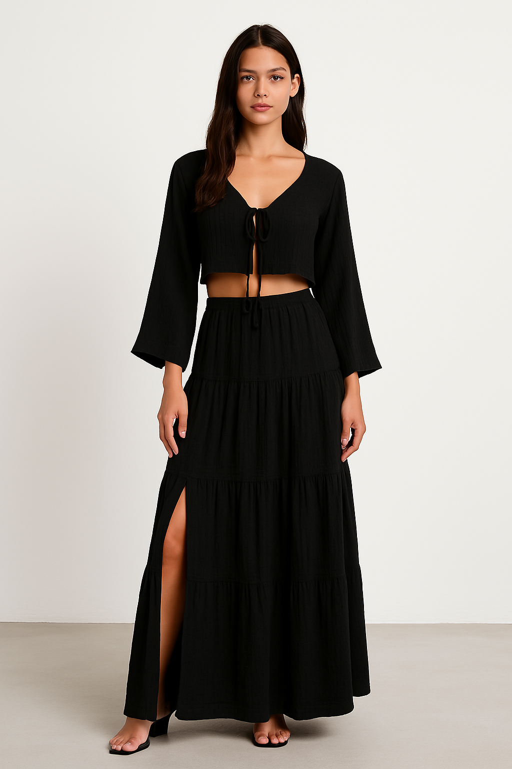 Women’s Two-Piece Set – Cotton Linen – Cropped Tie-Front Cardigan – High-Slit Skirt
