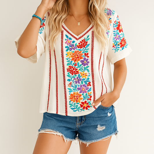 Women’s V-Neck T-Shirt – Relaxed Fit – Cotton Blend – Embroidered Floral Design