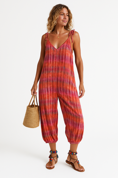 Women’s Jumpsuit – Loose Fit – Adjustable Straps – V-Neck – Tie Waist – Printed Design