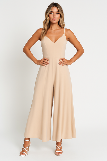 Women’s Jumpsuit – Wide Leg – Deep V-Neck – Spaghetti Straps – Cinched Waist – Relaxed Fit