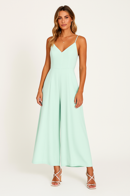 Women’s Jumpsuit – Wide Leg – Deep V-Neck – Spaghetti Straps – Cinched Waist – Relaxed Fit