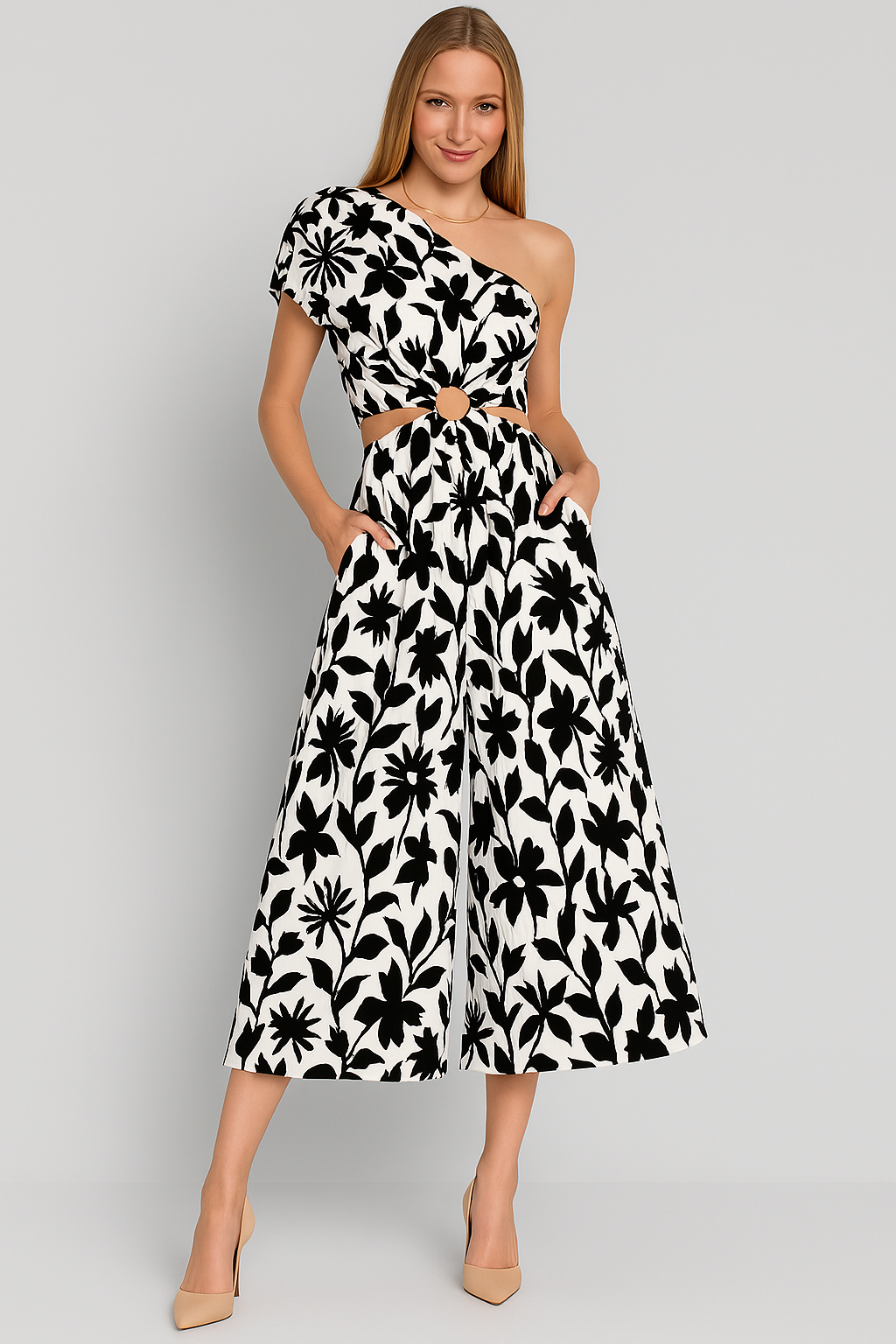 Women’s Jumpsuit – One Shoulder – Waist Cut-Out – Wide Leg – Floral Cotton Blend