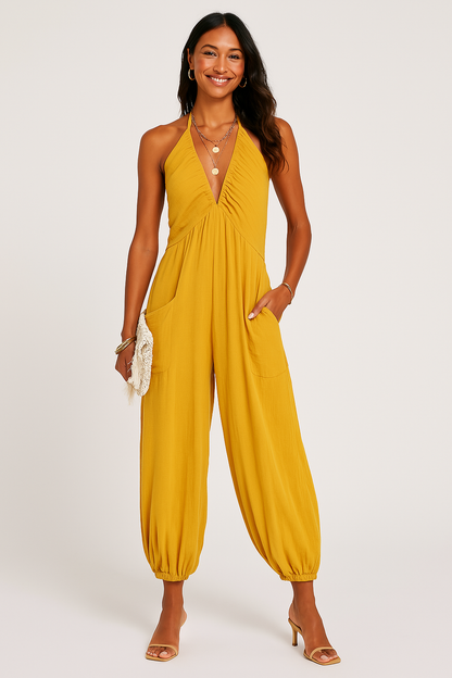 Women’s Halter Jumpsuit – Lightweight Fabric – Deep V-Neck – Tapered Leg – Pockets