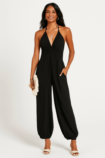 Women’s Halter Jumpsuit – Lightweight Fabric – Deep V-Neck – Tapered Leg – Pockets