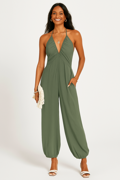 Women’s Halter Jumpsuit – Lightweight Fabric – Deep V-Neck – Tapered Leg – Pockets