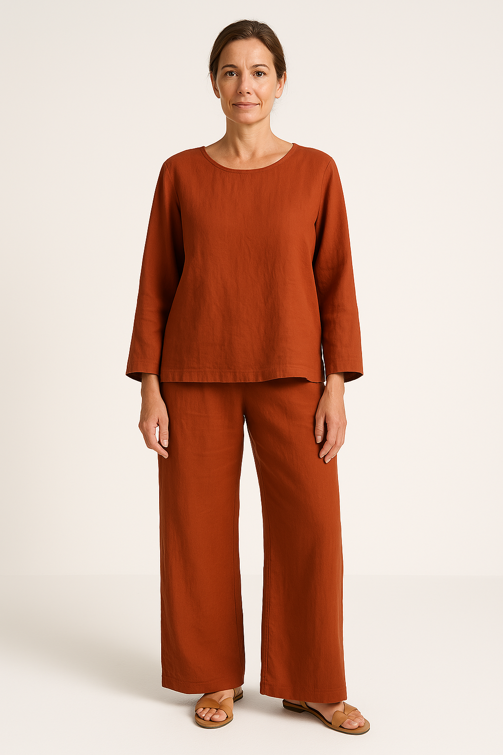 Women’s Two-Piece Set – Linen Blend – Relaxed Fit – Long Sleeve Top – Wide Leg Trousers