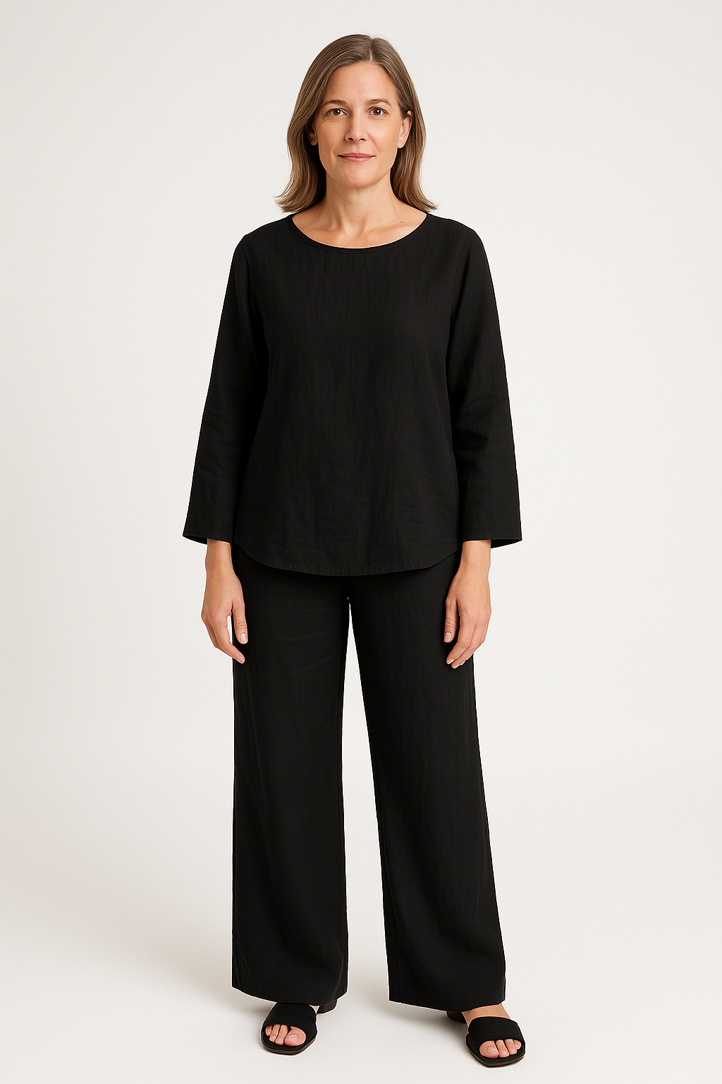 Women’s Two-Piece Set – Linen Blend – Relaxed Fit – Long Sleeve Top – Wide Leg Trousers