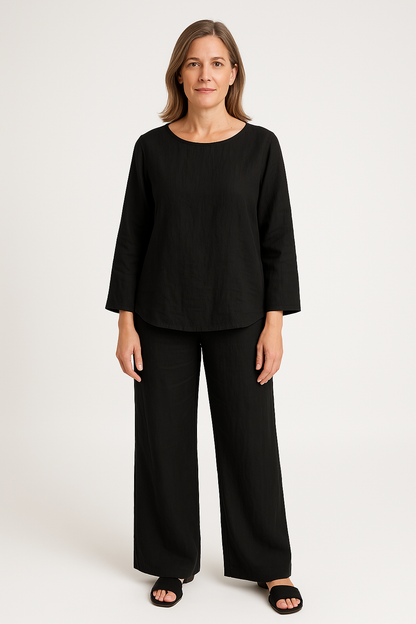 Women’s Two-Piece Set – Linen Blend – Relaxed Fit – Long Sleeve Top – Wide Leg Trousers