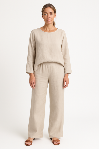 Women’s Two-Piece Set – Linen Blend – Relaxed Fit – Long Sleeve Top – Wide Leg Trousers