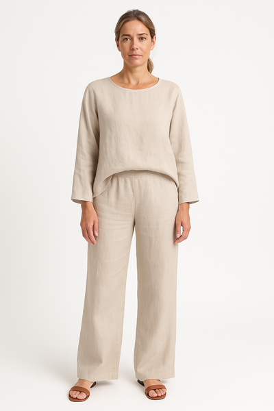 Women’s Two-Piece Set – Linen Blend – Relaxed Fit – Long Sleeve Top – Wide Leg Trousers