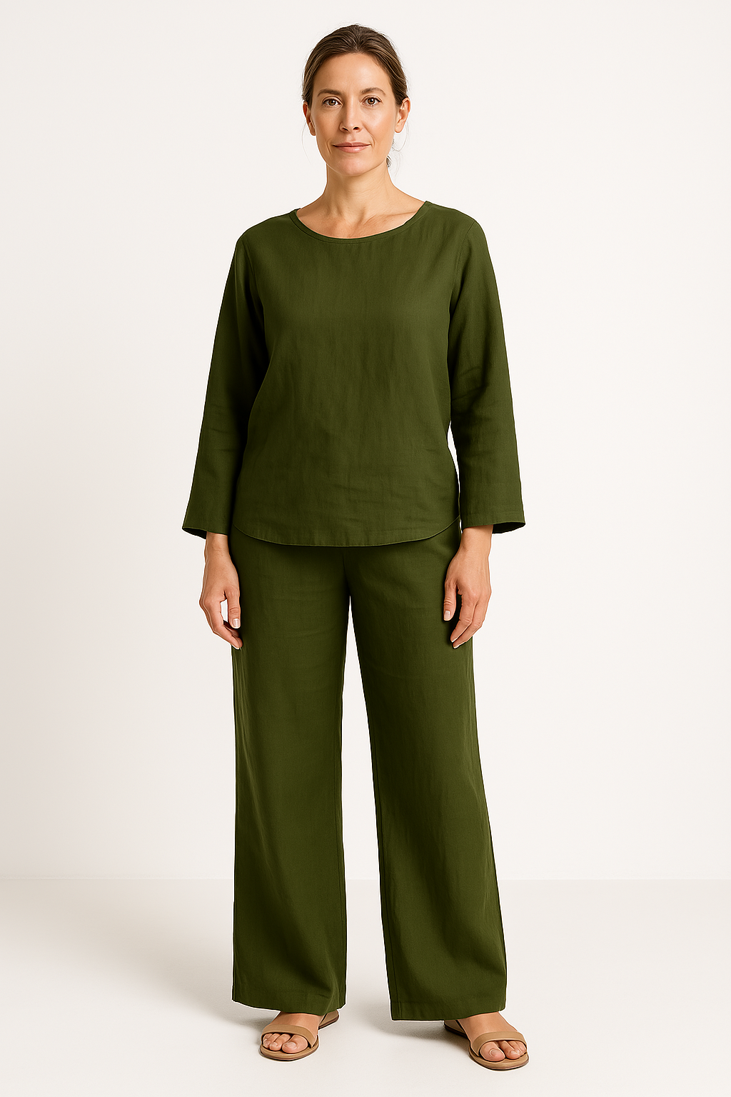 Women’s Two-Piece Set – Linen Blend – Relaxed Fit – Long Sleeve Top – Wide Leg Trousers
