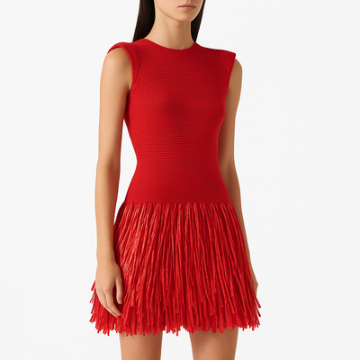 Women’s Party Dress – Slim Fit Mini – Sleeveless Fringe Skirt – Round Neck