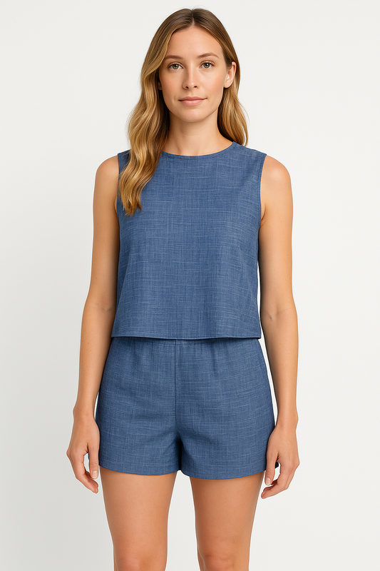 Women’s Two Piece Set – Sleeveless Top and Mid-Thigh Shorts – Linen Feel Relaxed Fit