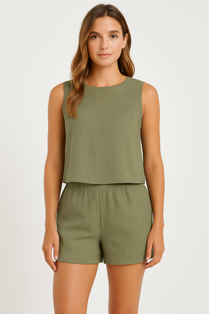 Women’s Two Piece Set – Sleeveless Top and Mid-Thigh Shorts – Linen Feel Relaxed Fit