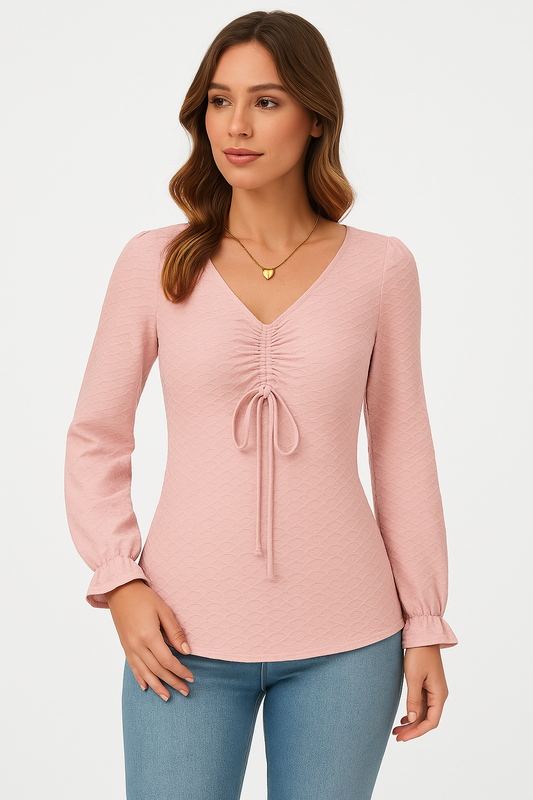 Women’s Long Sleeve T-Shirt – Slim Fit – V-Neck – Drawstring Waist – Textured Fabric – Flared Cuffs