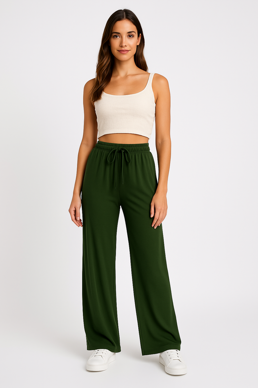 Women’s Wide-Leg Trousers – Lightweight Cotton Blend – Relaxed Fit – Drawstring Waist