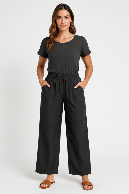 Women’s Wide-Leg Denim Trousers – Relaxed Fit – Elastic Waist – Full Length – Casual Style
