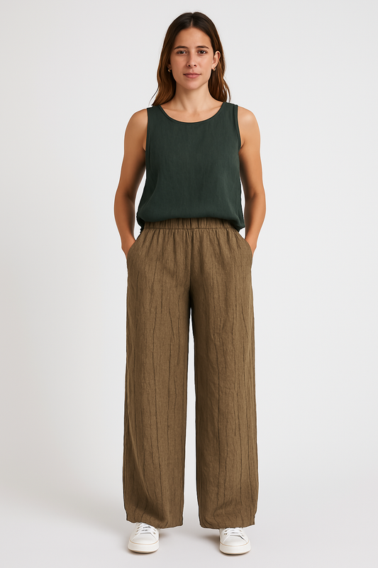 Women’s Casual Pants – Cotton Linen Blend – Relaxed Fit – Elastic Waist – Ankle Length