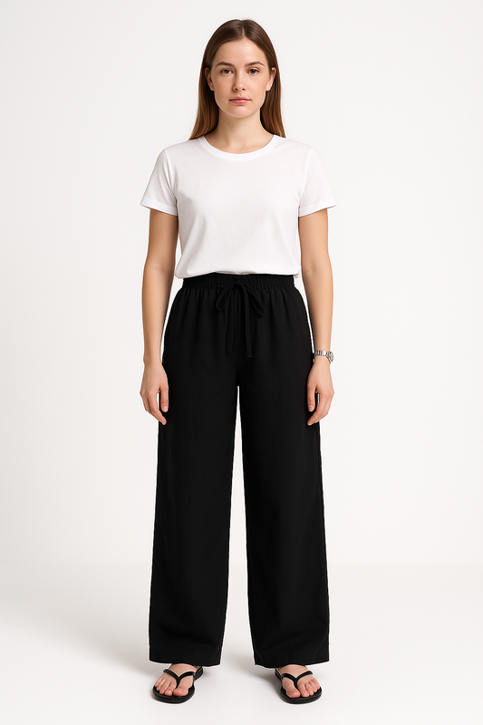 Women’s Wide-Leg Trousers – Relaxed Fit – Soft Cotton – Elastic Waist – Drawstring