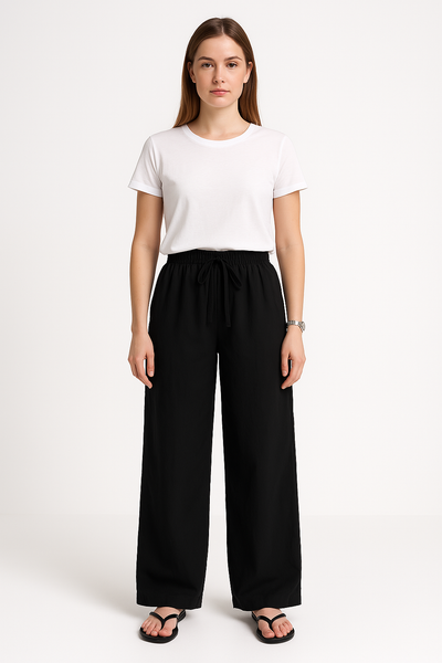 Women’s Wide-Leg Trousers – Relaxed Fit – Soft Cotton – Elastic Waist – Drawstring