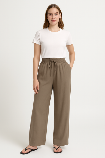 Women’s Wide-Leg Trousers – Relaxed Fit – Soft Cotton – Elastic Waist – Drawstring