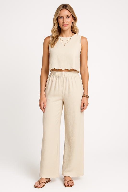 Women’s Wide-Leg Pants – Lightweight Crinkled Fabric – High Waist – Full Length Relaxed Fit
