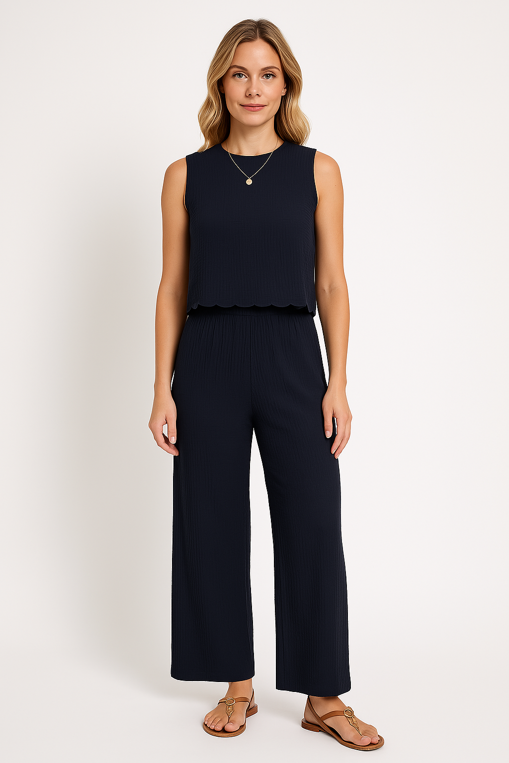 Women’s Wide-Leg Pants – Lightweight Crinkled Fabric – High Waist – Full Length Relaxed Fit