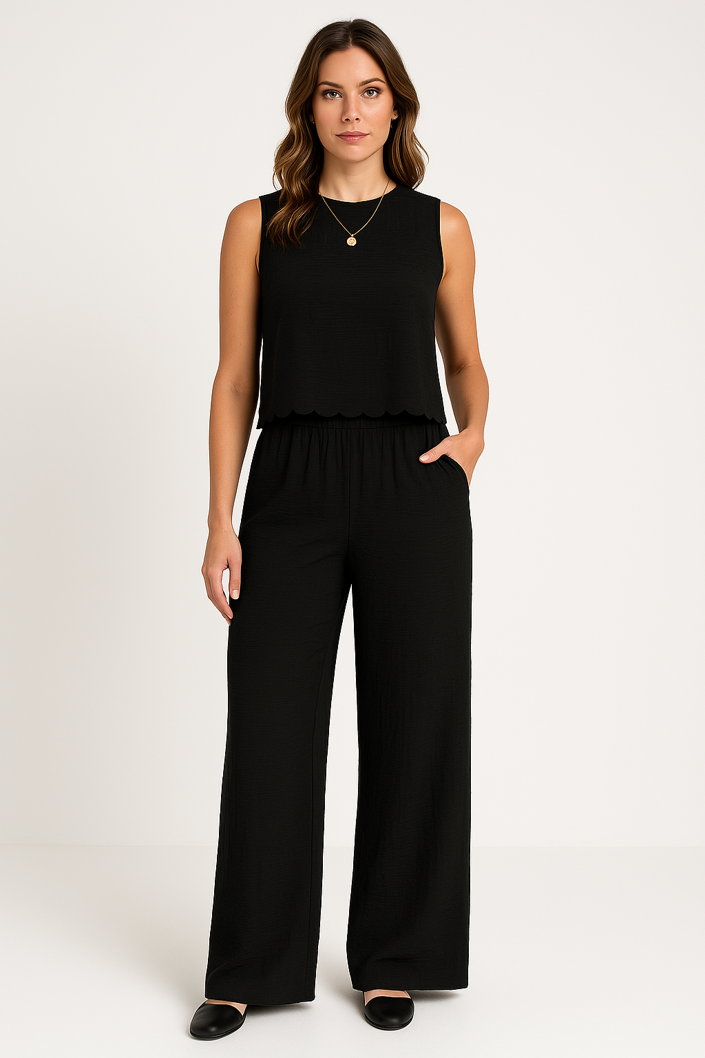 Women’s Wide-Leg Pants – Lightweight Crinkled Fabric – High Waist – Full Length Relaxed Fit