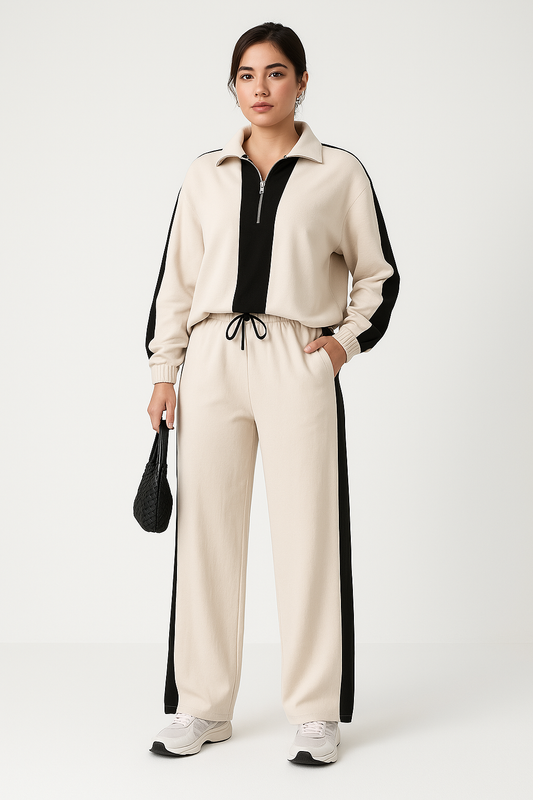 Women’s Two-Piece Set – Relaxed Fit Zip Collar Top & Wide-Leg Drawstring Pants