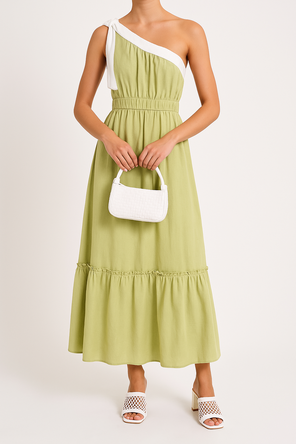 Women’s One-Shoulder Dress – Cotton Blend – A-Line Fit – Midi Length – Ruffle Hem