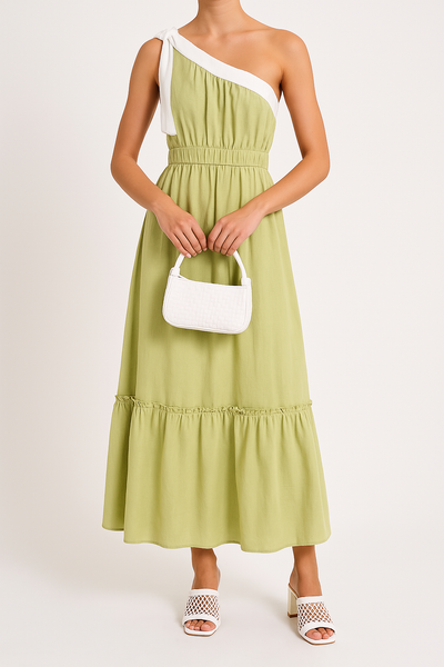 Women’s One-Shoulder Dress – Cotton Blend – A-Line Fit – Midi Length – Ruffle Hem