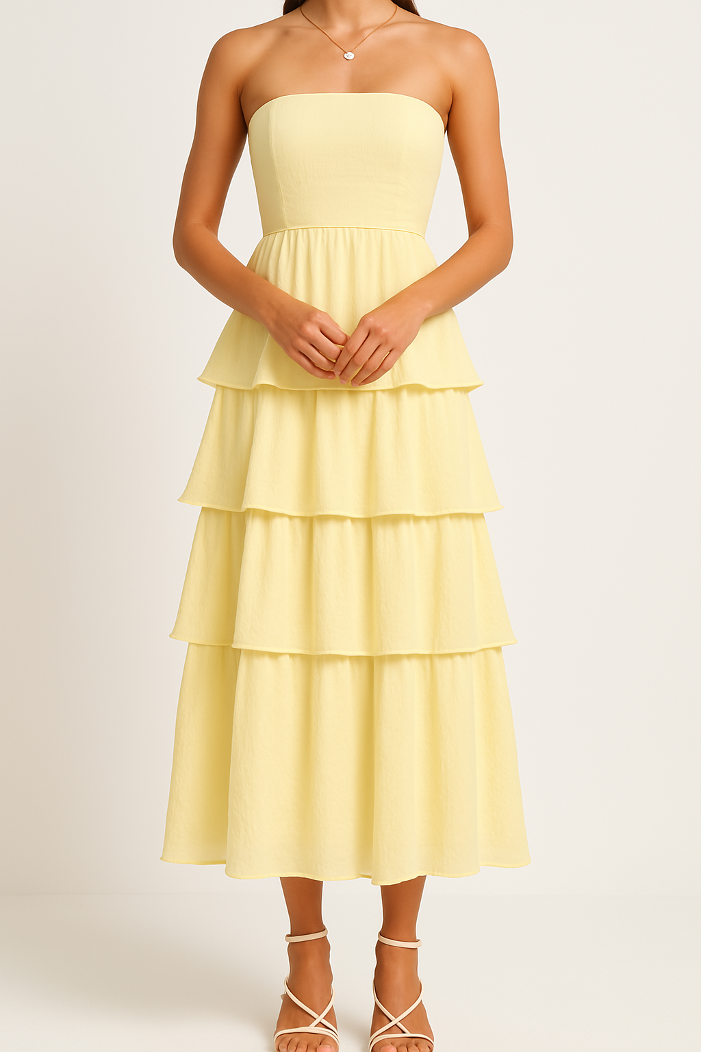 Women’s Strapless Midi Dress – Fitted Bodice – Tiered Ruffle Skirt – Lightweight Fabric