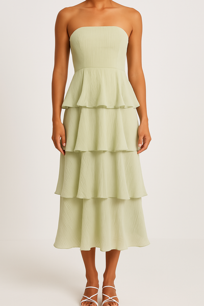 Women’s Strapless Midi Dress – Fitted Bodice – Tiered Ruffle Skirt – Lightweight Fabric