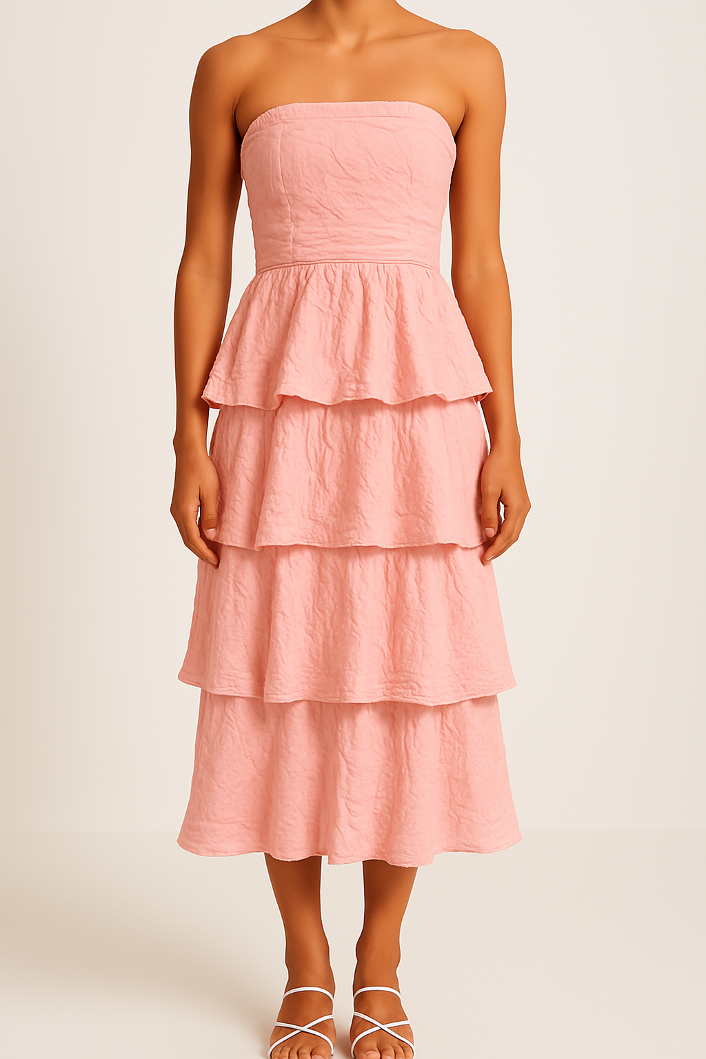 Women’s Strapless Midi Dress – Fitted Bodice – Tiered Ruffle Skirt – Lightweight Fabric